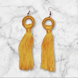 Bohemian Yellow Gold Woven Ornate Knotted Tassel Drop Fringe Earrings